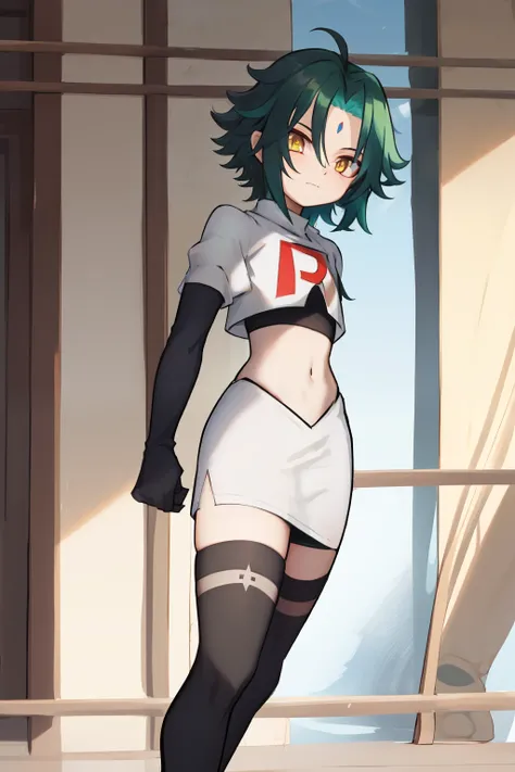 absurdres,xiao, 1boy, male focus, trap,green haired boy, yellow eyes, dead eyes, small gem on forehead,crossdressing,1boy,team rocket,team rocket uniform,white skirt,red letter R,crop top,black thigh-highs,black elbow gloves