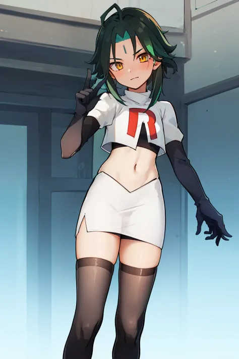 absurdres,xiao, 1boy, male focus, trap,green haired boy, yellow eyes, dead eyes, small gem on forehead,crossdressing,1boy,team rocket,team rocket uniform,white skirt,red letter R,crop top,black thigh-highs,black elbow gloves
