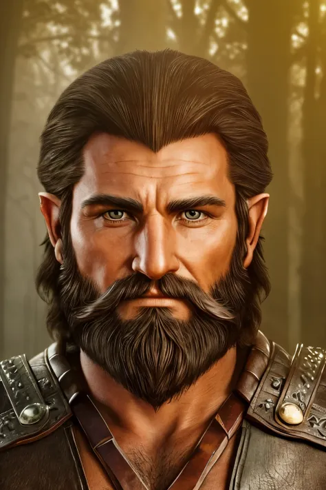 hyper-realistic portrait, half-elf with striking orange eyes, short rough beard adorned with tiny intricate viking beads. slight...