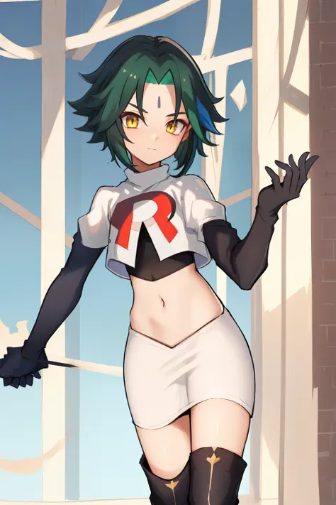 absurdres,xiao, 1boy, male focus, trap,green haired boy, yellow eyes, dead eyes, small gem on forehead,crossdressing,1boy,team rocket,team rocket uniform,white skirt,red letter R,crop top,black thigh-highs,black elbow gloves