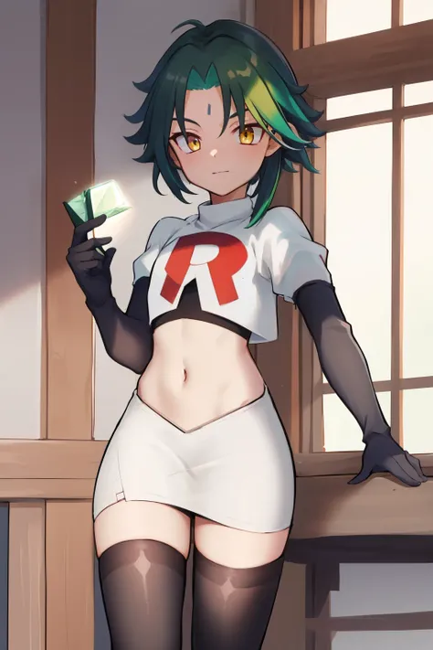 absurdres,xiao, 1boy, male focus, trap,green haired boy, yellow eyes, dead eyes, small gem on forehead,crossdressing,1boy,team rocket,team rocket uniform,white skirt,red letter R,crop top,black thigh-highs,black elbow gloves