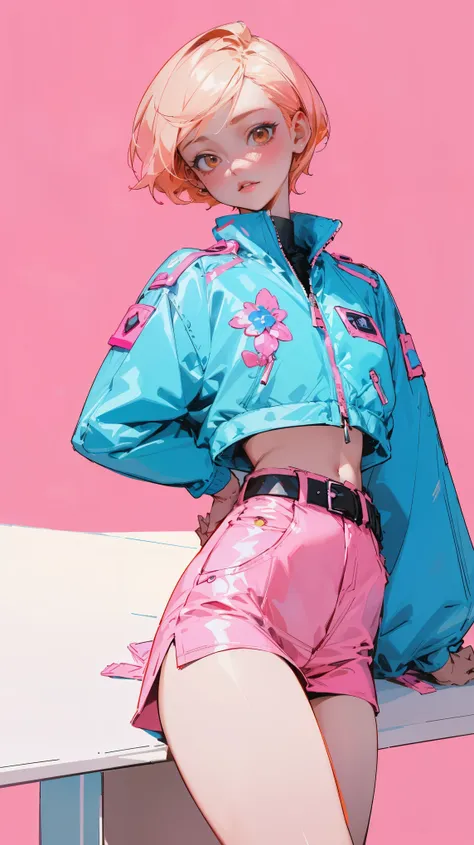 (on the table, best quality) detailed, 1character , blue archive art style , wearing a light blue jacket, pink belt , outfit ins...