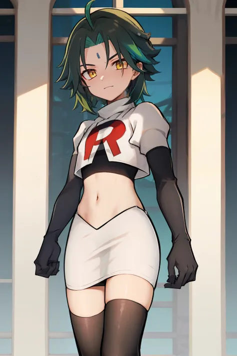 absurdres,xiao, 1boy, male focus, trap,green haired boy, yellow eyes, dead eyes, small gem on forehead,crossdressing,1boy,team rocket,team rocket uniform,white skirt,red letter R,crop top,black thigh-highs,black elbow gloves