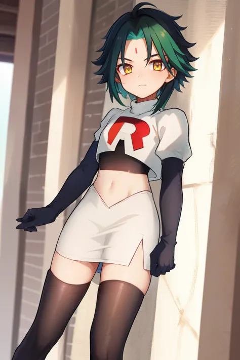 absurdres,xiao, 1boy, male focus, trap,green haired boy, yellow eyes, dead eyes, small gem on forehead,crossdressing,1boy,team rocket,team rocket uniform,white skirt,red letter R,crop top,black thigh-highs,black elbow gloves