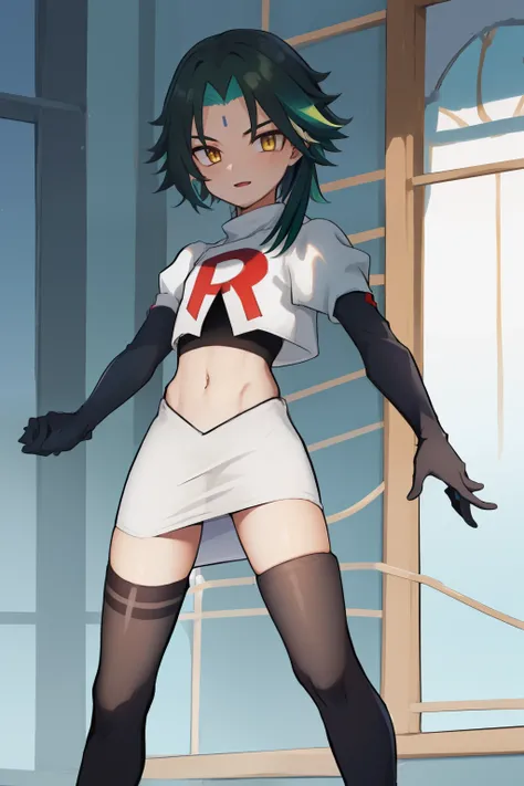 absurdres,xiao, 1boy, male focus, trap,green haired boy, yellow eyes, dead eyes, small gem on forehead,crossdressing,1boy,team rocket,team rocket uniform,white skirt,red letter R,crop top,black thigh-highs,black elbow gloves