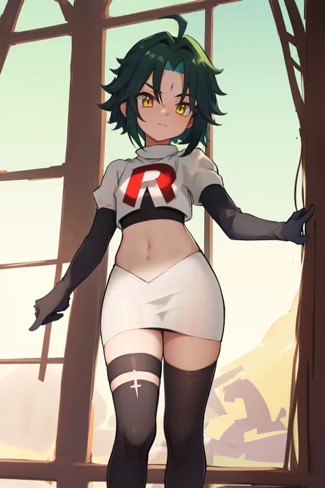 absurdres,xiao, 1boy, male focus, trap,green haired boy, yellow eyes, dead eyes, small gem on forehead,crossdressing,1boy,team rocket,team rocket uniform,white skirt,red letter R,crop top,black thigh-highs,black elbow gloves