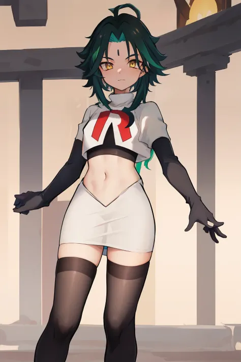 absurdres,xiao, 1boy, male focus, trap,green haired boy, yellow eyes, dead eyes, small gem on forehead,crossdressing,1boy,team rocket,team rocket uniform,white skirt,red letter R,crop top,black thigh-highs,black elbow gloves