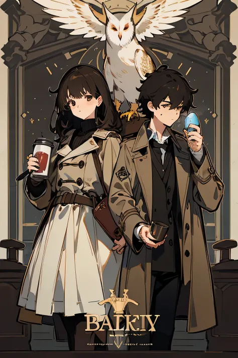 4k work,masterpiece,extremely high detailed,best work,male,left hand holding book,barn owl on left shoulder,brown trench coat,black shirt,balck messy hair,black hair,mesy hair,messenger pack,right hand holding thermos cup,diary book,thermos cup