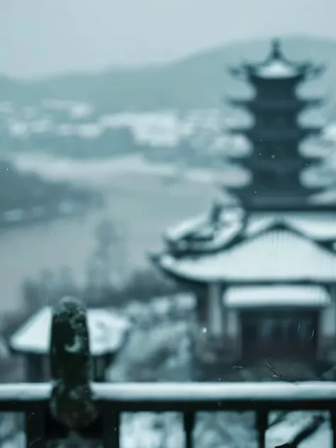 There is a bird standing on the railing in the snow, Dream China Town, 4 0 9 6, during snowfall, Zen temple background, Chinese scenery, soft focus matte, 24mm tilt, Lengxue, tilt shift focus, a tilt shift photo, Tilt shift background, Pagoda on the mounta...