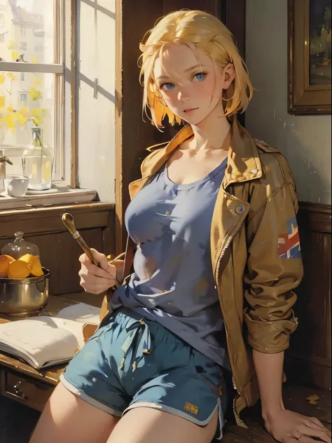 art by (Carl Larsson:1.2),(post-Impressionist),,((oil painting)),soft lighting,COOL,cammy sf6, 1girl,solo,blonde hair, short hair,blue eyes, large breast, scar on cheek ,1girl, solo jacket, open_jacket, shorts, dolphin_shorts, sportwear