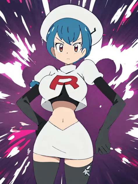 8k, ,1girl in, (solo:1.1), (perfect body:1.1), (best quality:1.1), very large breast, team rocket uniform, red letter r, white skirt,white crop top,black thigh-high boots, black elbow gloves, glaring angrily, looking down at viewer, hands on hips,zettai ry...