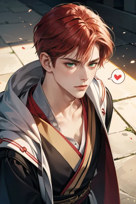 1boy, male wizard, adult male, handsome and tall, (red hair, green eyes, sanpaku, wizard clothing, frown, blush, tsundere), looking at viewer, spoken heart, collarbones, jewelry, portrait, official art, part lips, dramatic angle, ray tracing, dramatic ligh...