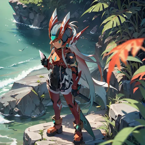 megzeromyth2023,1boy, long white hair, red armor, green energy sword, 8k, uhd, best quality, masterpiece, intricate, overlooking the ocean on the edge of a rock, in the style of avian-themed, realistic yet stylized, villagecore, azure, orange and azure, dr...