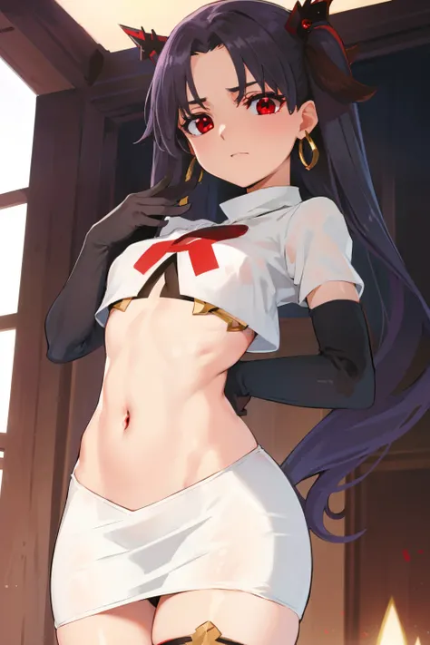 ishtar, ishtar yd, ahoge, black bow, bow, black hair, earrings, hair bow, hair ornament, jewelry, long hair, (red eyes:1.5), (parted bangs:1.5), (small breast:1.2),
BREAK team rocket,team rocket uniform,white skirt,red letter R,crop top,black thigh-highs,b...