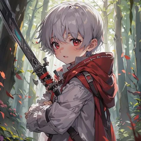 ((deep forest)) (walking), (solo silver short hair divine boy, 7 yo detailed red eyes, serious face), look up, in a travelers clothes, holding Sword in hand, break, perfect anatomy, masterpiece:1.2, best quality, 8k, beautiful detailed grow, daydreaming ex...