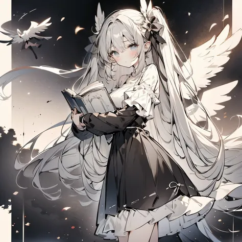 book store、twin tails、girl、Knee-length dresses、Lots of frills、Angel&#39;s wing、angel ring、Looks like fun、monochrome、whole body、walking、holding a book、