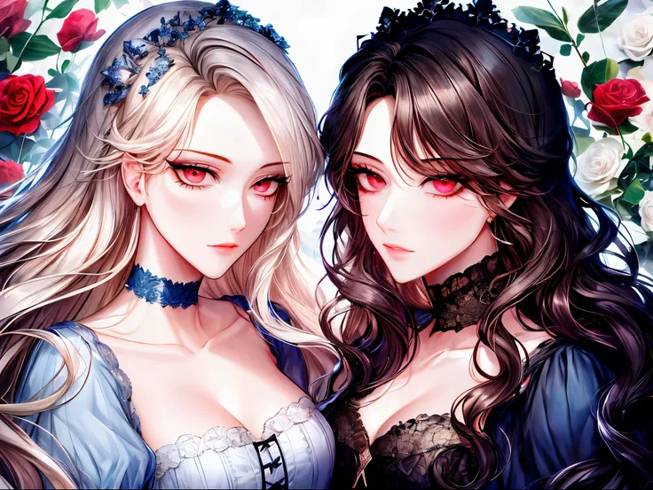 shoujo-style, (floral background), romance manhwa, (2girls, aligned), silver hair, blonde hair, solo, long hair, flower, dress, ...