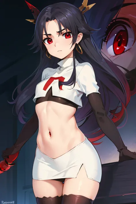 ishtar, ishtar yd, ahoge, black bow, bow, black hair, earrings, hair bow, hair ornament, jewelry, long hair, (red eyes:1.5), (parted bangs:1.5), (small breast:1.2),
BREAK team rocket,team rocket uniform,white skirt,red letter R,crop top,black thigh-highs,b...