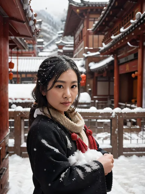 in the snow，, Dream China Town, 4 0 9 6, during snowfall, Zen temple background, Chinese scenery, soft focus matte, 24mm tilt, Lengxue, tilt shift focus, a tilt shift photo, Tilt shift background, Pagoda on the mountain, Taoism