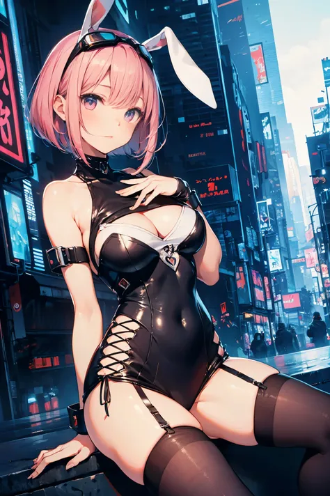 High quality、highest quality、complete limbs、Ultra high definition、Sparkling eyes、full finger、slender beauty、knee high、Wearing revealing clothes、cyberpunk style、near future、Bunny girl、goggles、pink hair、bob cut、Japanese anime