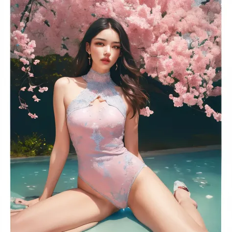 Blue sky and white clouds，Yunshan Garden，pink flowers，Cherry tree，Wearing a one-piece，Transparency is clearly visible, size too big、raw,(8k、quality、masterpiece:1.8)、(intricate details:1.8)、(Realism:1.8)、Octane number renderings、Complex 3D renderings with u...