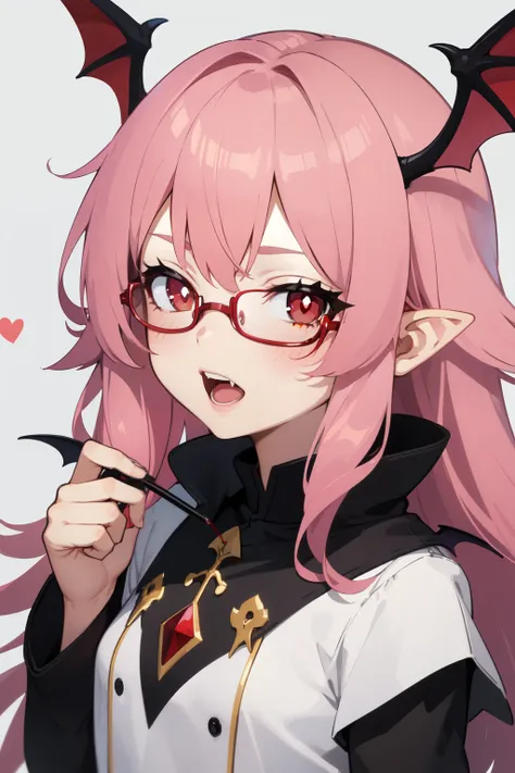 powder hair，red pupils，vampire，loli，pink hair，masterpiece，detailed，perfect face，best quality，Good figure，Lovely，vampire，small wings，Tiger teeth，blood red glasses，Fantasy World，little princess，，