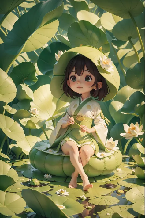 pods full of lotus flowers, a  happily sits on the lotus leaves of a pod, huge lotus leaf, barefoot, dressed in white and green ...