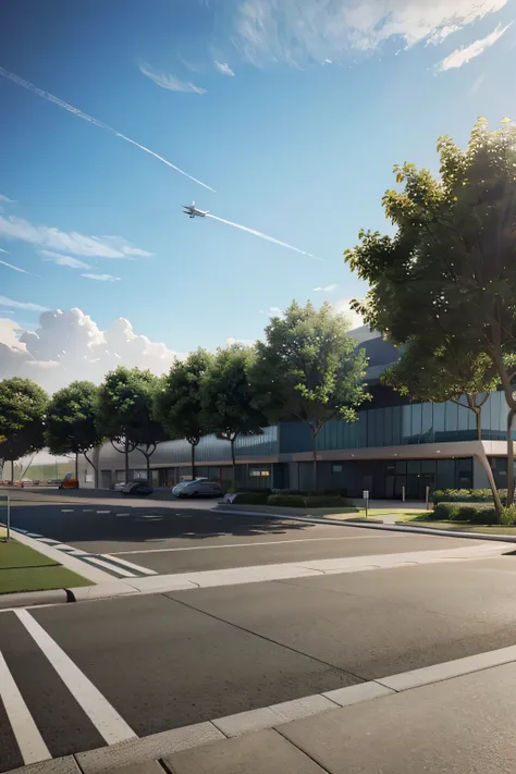 an exterior perspective of an Airport, post modern style ,add landscaping trees, photorealistic rendering, high detail, Hyperrealism