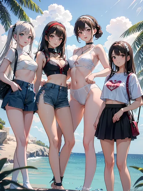 ((highest quality)), ((masterpiece)), (3 girls:1.3), Three cute girls are posing for the camera outdoors underwater, shirtを持ち上げる,micro bikini,very small bra,(The wind flips my skirt), three people standing in a row, (Close-up shot from the knee:1.3), (open...