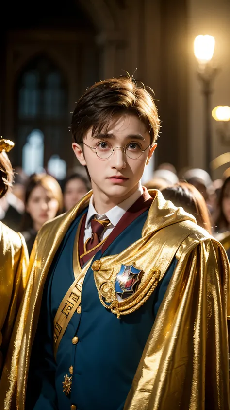 Blue-skinned Harry Potter, muscular body, naked upper body, golden ornaments, flashy costumes, Hogwarts in background, golden king, Harry Potter the emperor of gold, depicted in center, crowd in background, golden effects, golden magic, high quality,