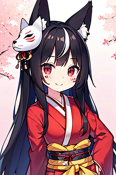 black hair, M-shaped bangs, Intake Hair, long hair, red eyes, fox ears, A white fox mask hanging on the left side of the head, Black and pink cherry blossom pattern kimono, laughter, And he has a Japanese sword hanging on his waist.. Japanese style fox sty...