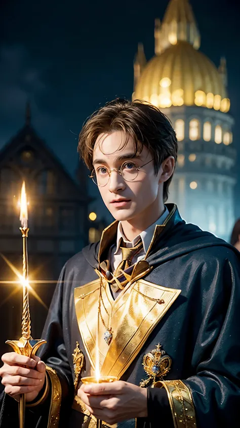 Blue-skinned Harry Potter, muscular body, naked upper body, golden ornaments, flashy costumes, Hogwarts in background, golden king, Harry Potter the emperor of gold, depicted in center, crowd in background, golden effects, golden magic, high quality,Harry ...