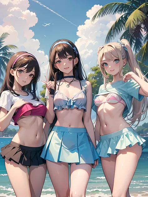 ((highest quality)), ((masterpiece)), (3 girls:1.3), Three cute girls are posing for the camera outdoors underwater, (shirtを持ち上げる),micro bikini,very small bra,(The wind flips my skirt), three people standing in a row, (Close-up shot from the knee:1.3), (op...