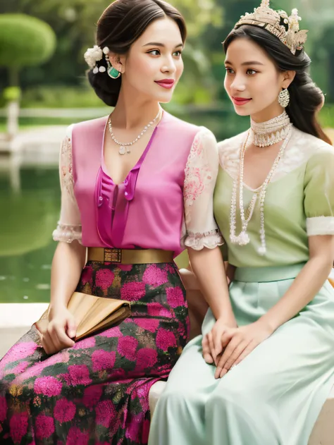 “Create an image of fashion during the reign of King Rama VI in the early Rattanakosin period. (1910-1919), Focus on girls with long hair, Soft puffed bread, and colorful blouses accessorized with pearl hair accessories.. Emphasize the distinctive straight...