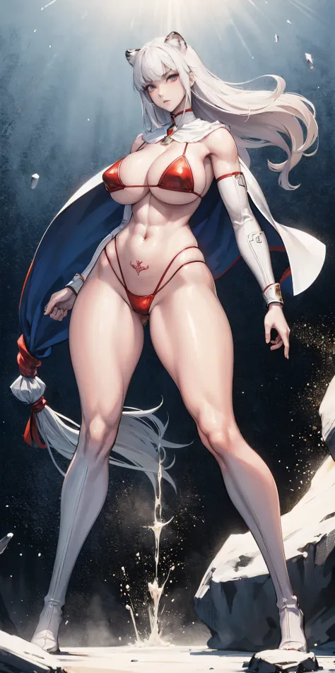 full body standing straight symmetrical, FEMALE warrior princess, big belt around waist, hair, very white skin like snow, strong abs, red tatto belly, red loincloth, tiger bikini, blue cape, sleeveless, black long socks
