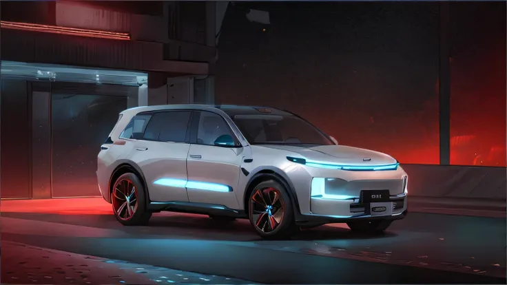 A silver SUV is driving on the road，The background is a futuristic city，Integrated connected car lighting design，Panoramic view inside the car, hydrogen fuel cell vehicle, 3/4 front view, Smooth lines and great power, Clear and smooth lines, cyberpunk styl...