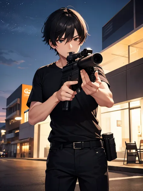 Man,Holding a sniper,shoot, at night,outdoors,black t-shirt, black trousers, short hair, black hair,ultra detail, ultra hd, masterpiece, 4k