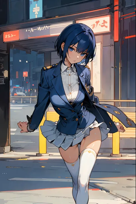 masterpiece,best quality,detailing,depict the background、(The background is Tokyo at night with a lively streetscape and many people outdoors.),1woman solo,female police officer、20 year old beauty、dark blue hair,short  hair,blue eyes,ideal ratio body propo...