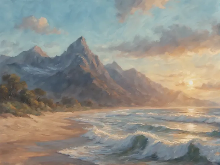 Sky is blue, shining in the mountains, Young morning descends from the mountains, Far below is the edge of the surf, And behind it is a shining expanse. Illustration, High detail, A high resolution, pastel, 8K