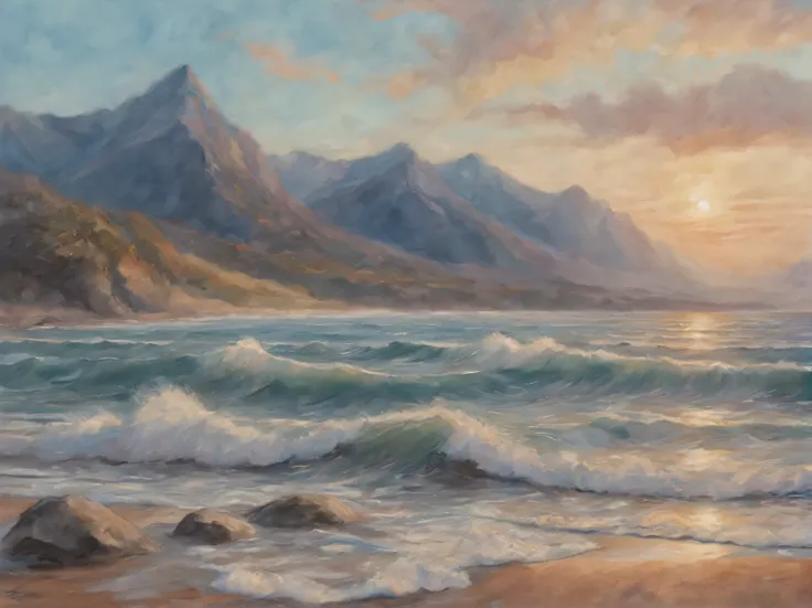 Sky is blue, shining in the mountains, Young morning descends from the mountains, Far below is the edge of the surf, And behind it is a shining expanse. Illustration, High detail, A high resolution, pastel, 8K