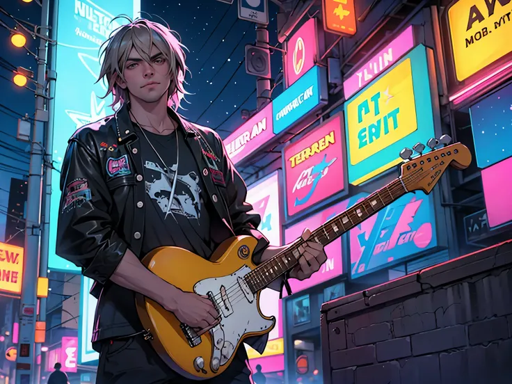 high quality, lots of detail, Kurt Cobain standing in the middle of a neon night street, electric guitar behind him, bright neon city all around. There are stars in the sky 