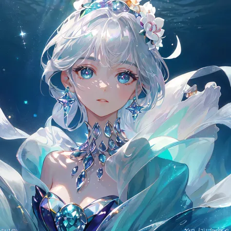 masterpiece, highest quality, shape, alexandrite eyes and hair, platinum earrings, platinum necklace, Sea, The Little Mermaid, cute, (dynamic lighting:1.2), cinematic lighting, delicate features, fine eyes, sharp pupils, realistic student, written boundary...