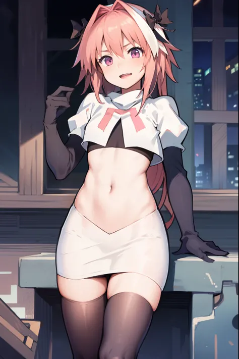 absurdres, masterpiece, best quality, (astolfo fate:1.2155), 1boy, male focus, trap, pink multicolored hair, pink hair, white hair, hair intakes, long hair, pink detailed eyes, crossdressing,1boy, team rocket,team rocket uniform, red letter R, white skirt,...