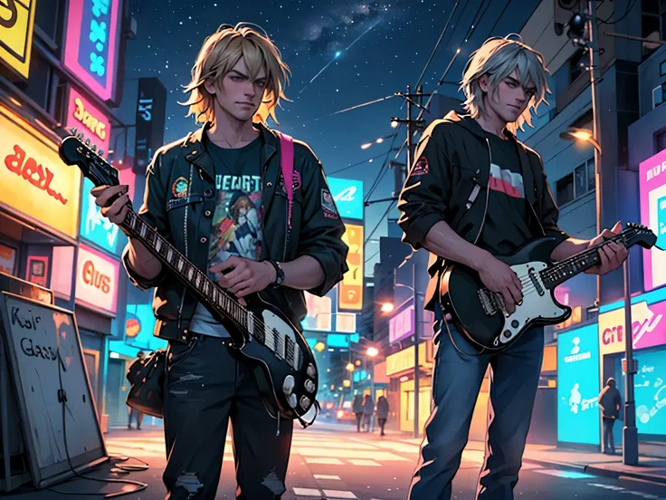 high quality, lots of detail, Kurt Cobain standing in the middle of a neon night street, electric guitar behind him, bright neon city all around. There are stars in the sky