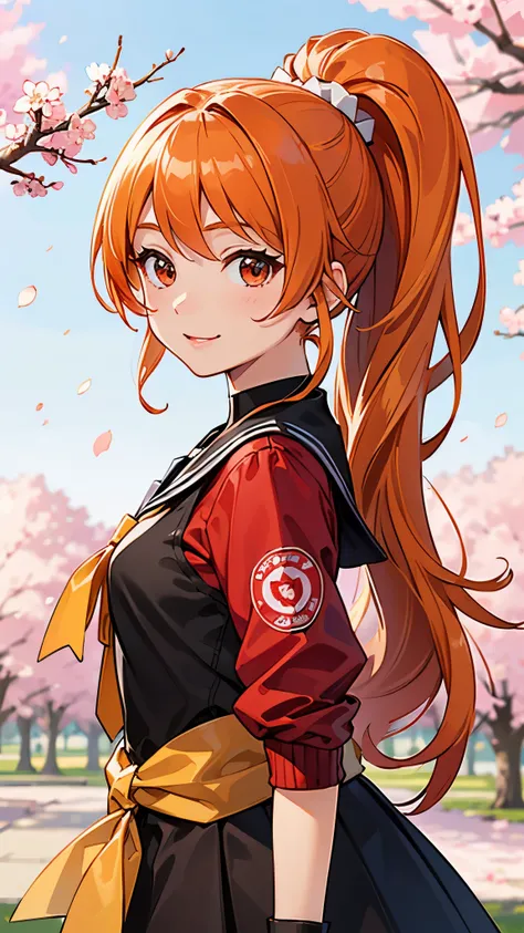 (highest quality、Extra fine、real)、Genki Girl、anime high school girl、small breasts、riders jacket、orange hair、ponytail、red round eyes、From the side、gloves、bright smile、stand in front of a cherry tree、upper body close-up、cherry blossom park、sharp outline