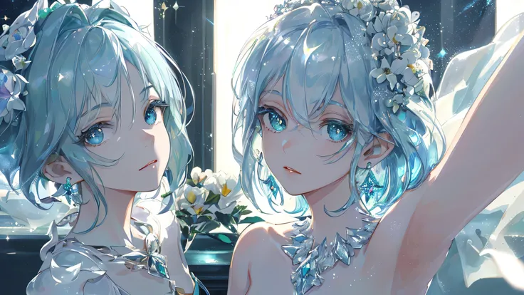 masterpiece, highest quality, shape, phosphophyllite eyes and hair, platinum earrings, platinum necklace, white dress, The Little Mermaid, cute, (dynamic lighting:1.2), cinematic lighting, delicate features, fine eyes, sharp pupils, realistic student, writ...