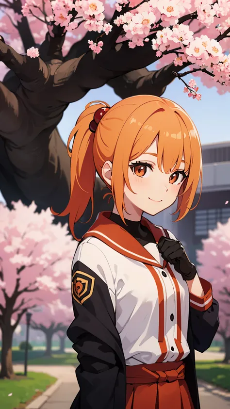 (highest quality、Extra fine、real)、Genki Girl、anime high school girl、small breasts、riders jacket、orange hair、ponytail、red round eyes、From the side、gloves、bright smile、stand in front of a cherry tree、upper body close-up、cherry blossom park、sharp outline