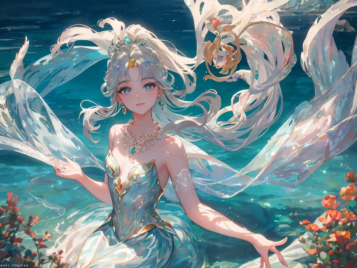 masterpiece, highest quality, shape, eyes and hair like jade, platinum earrings, platinum necklace, Sea, The Little Mermaid, cute, (dynamic lighting:1.2), cinematic lighting, delicate features, fine eyes, sharp pupils, realistic student, written boundary d...