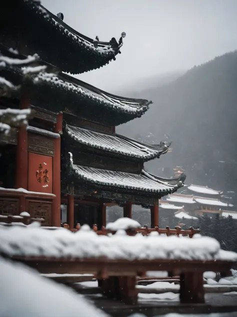 in the snow，, Dream China Town, 4 0 9 6, during snowfall, Zen temple background, Chinese scenery, soft focus matte, 24mm tilt, Lengxue, tilt shift focus, a tilt shift photo, Tilt shift background, Pagoda on the mountain, Taoism
