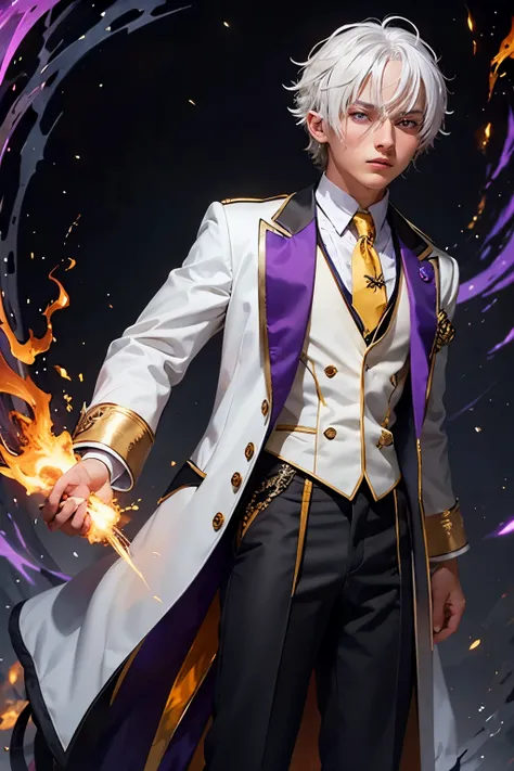 White haired teen, tan skin, purple eyes, wizard with flames surrounding body, black and yellow tailored suit